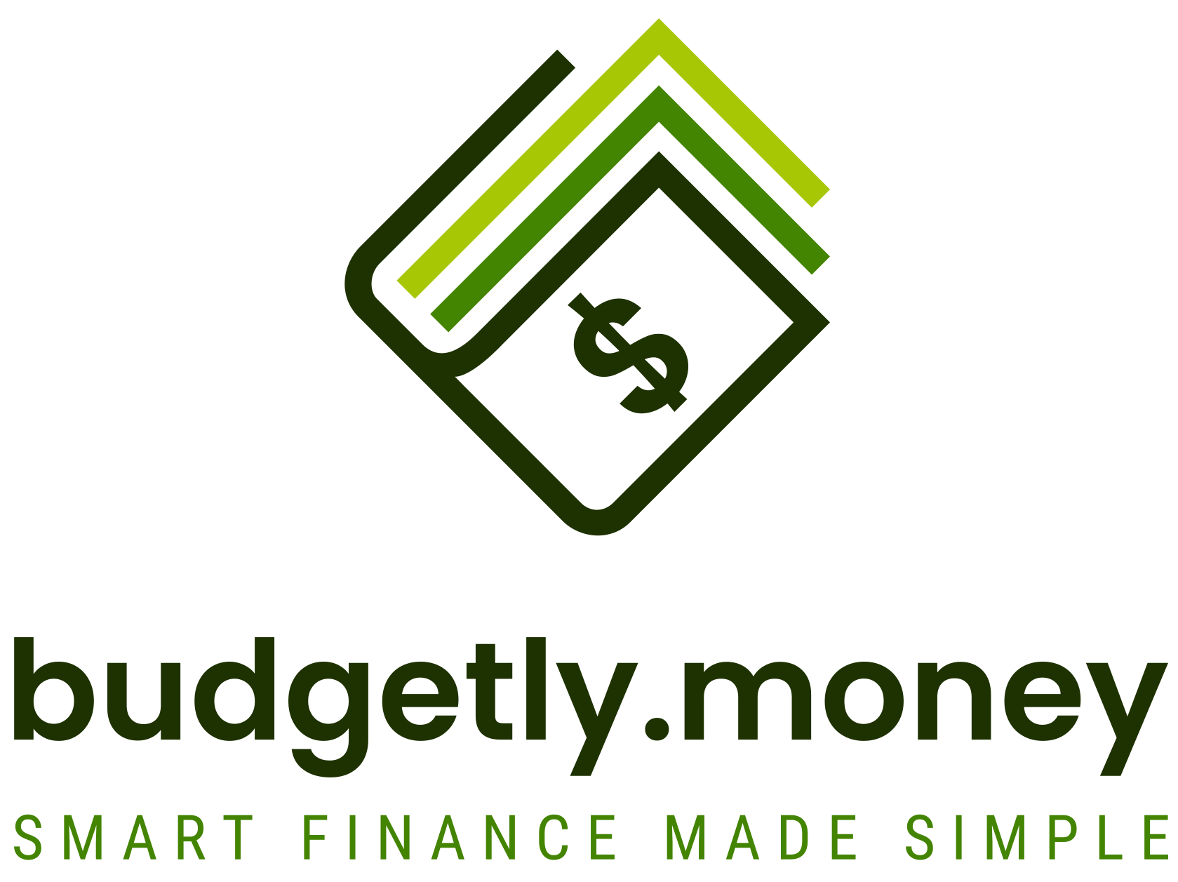 Transparent Logo - budgetly.money Logo for budgetly.money featuring overlapping green chevrons forming a roof above the brand name, with the slogan SMART FINANCE MADE SIMPLE underneath.